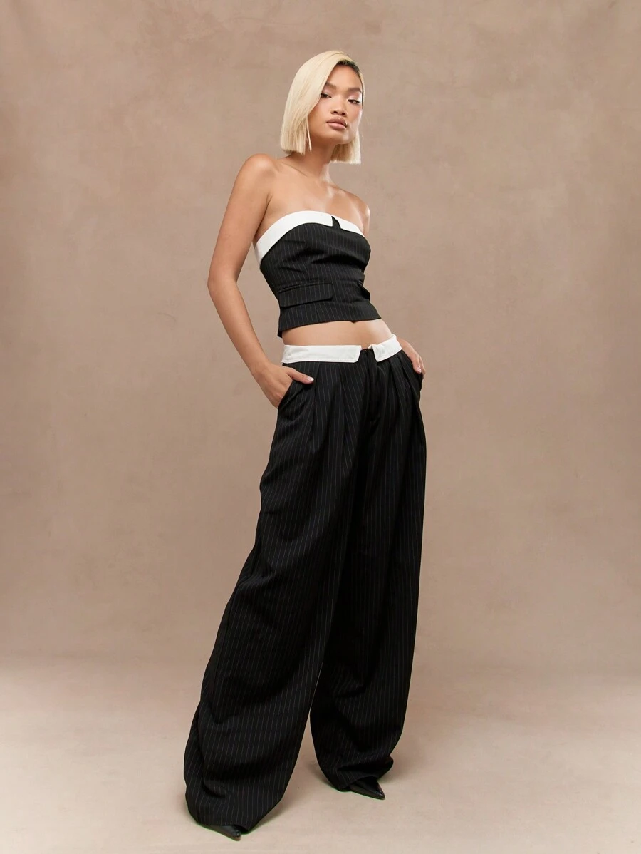 MISSGUIDED Tailored Contrast Flap Pinstripe Bandeau Top And Wide Leg Pants Two Piece Co-Ord Set