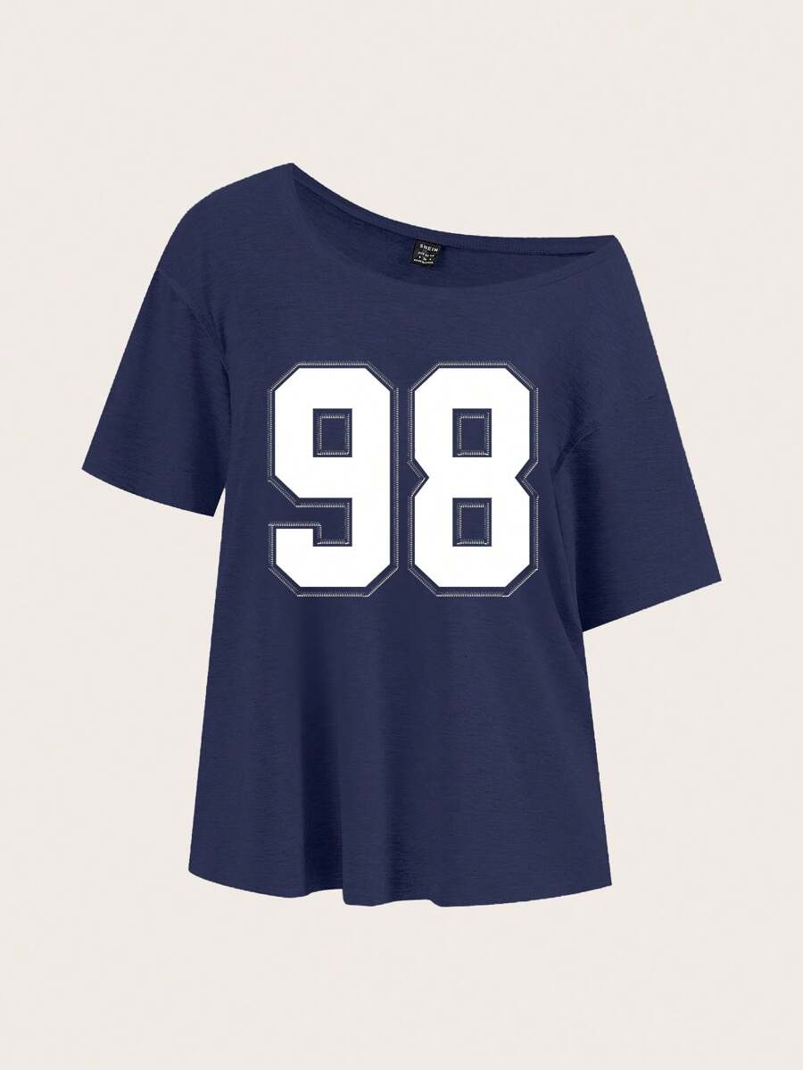 SHEIN Essnce Navy Blue Casual Minimalist No.98 Graphic Dropped Shoulder T-Shirt For Women, Summer Suitable For Going Out