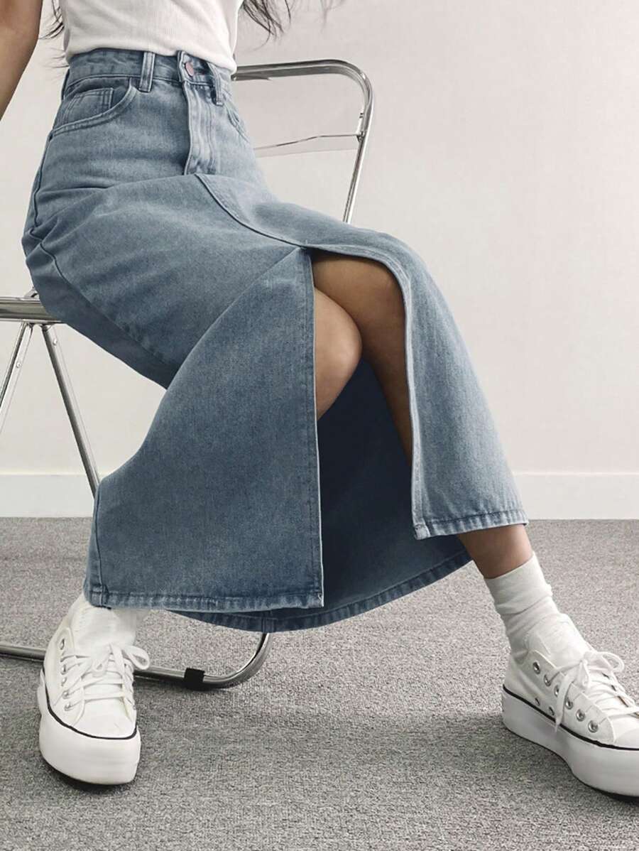 DAZY Women's Long Casual Denim Skirt With Pockets & Side Slit Jeans Skirt