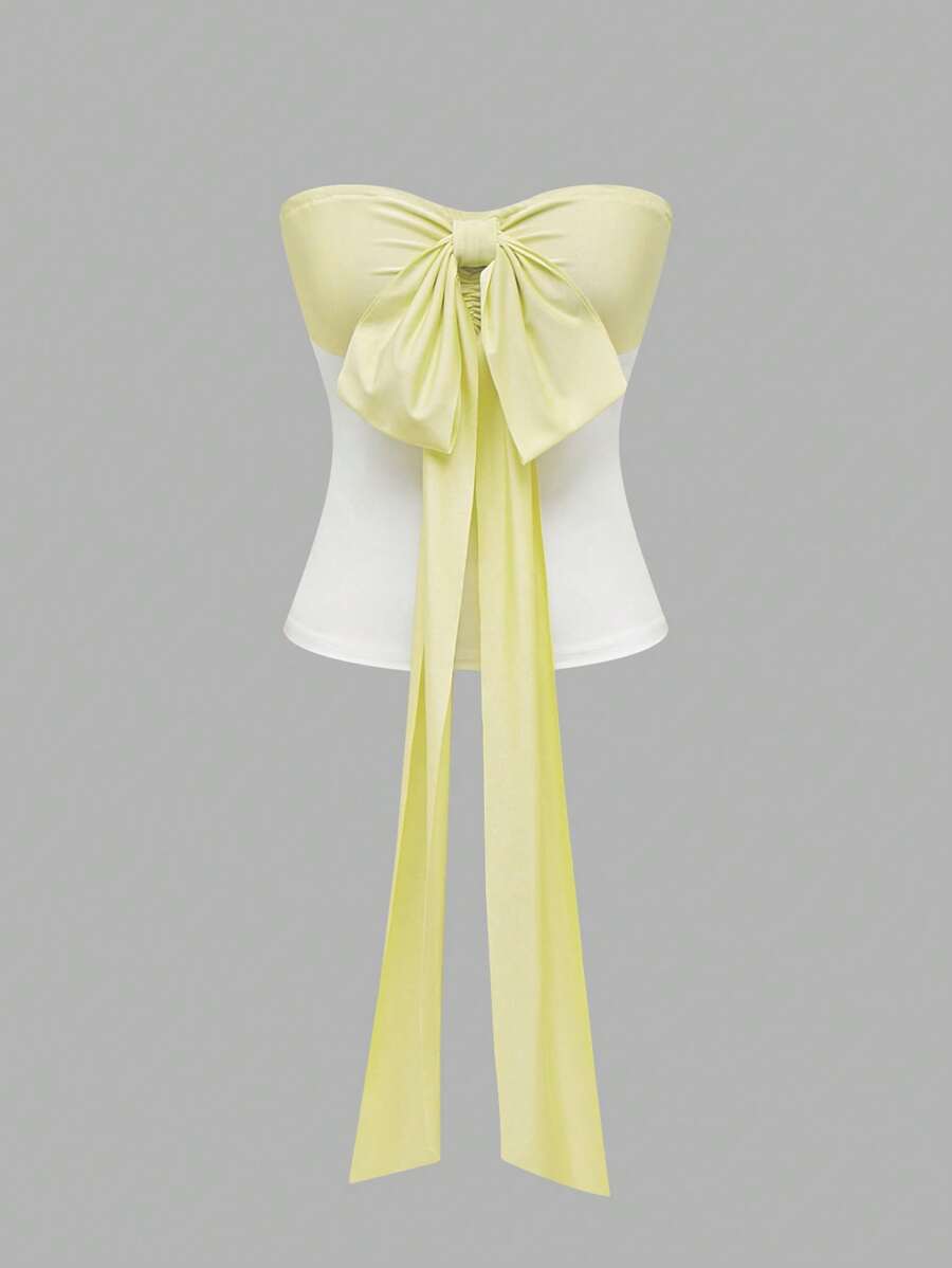 Sweetra Women's Colorblock Bow Decor Bandeau Casual Top