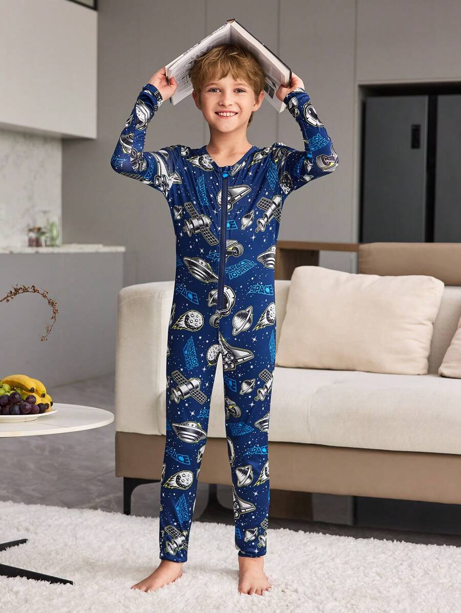 Tween Boy Luminous Starry Sky Print Snug Fit Pyjama Jumpsuit Vrijetijdskleding, Zwart, Lange Mouw