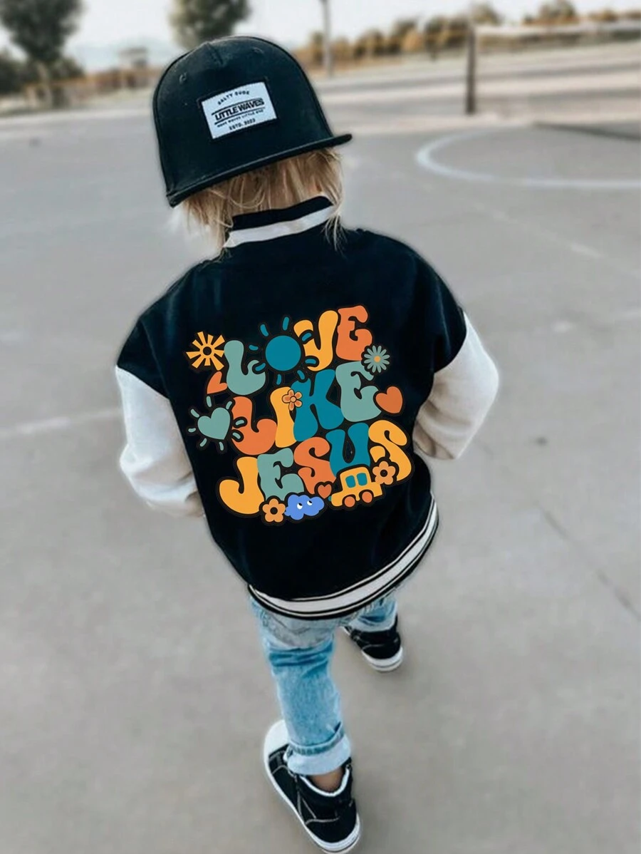 Young Boys Wool-Blend Zip-Up Hooded Jacket, With Contrast Ribbing On Collar, Cuffs And Hem, Graphic Letter Print On Back, And Colorblocked Sleeves, Warm And Fashionable For Outdoor, School Or Daily Wear In Spring, Autumn And Winter, Including Air Conditioned Rooms