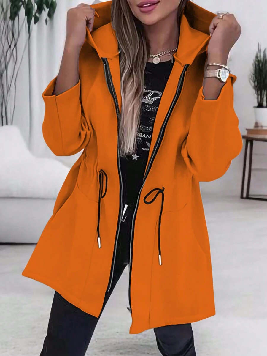 SHEIN LUNE Women Autumn/Winter Drawstring Waist Loose Casual Hooded Jacket