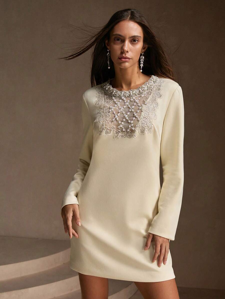 Anewsta Women's Fashionable Elegant Airy Knit Dress With Pearl And Rhinestone Decor