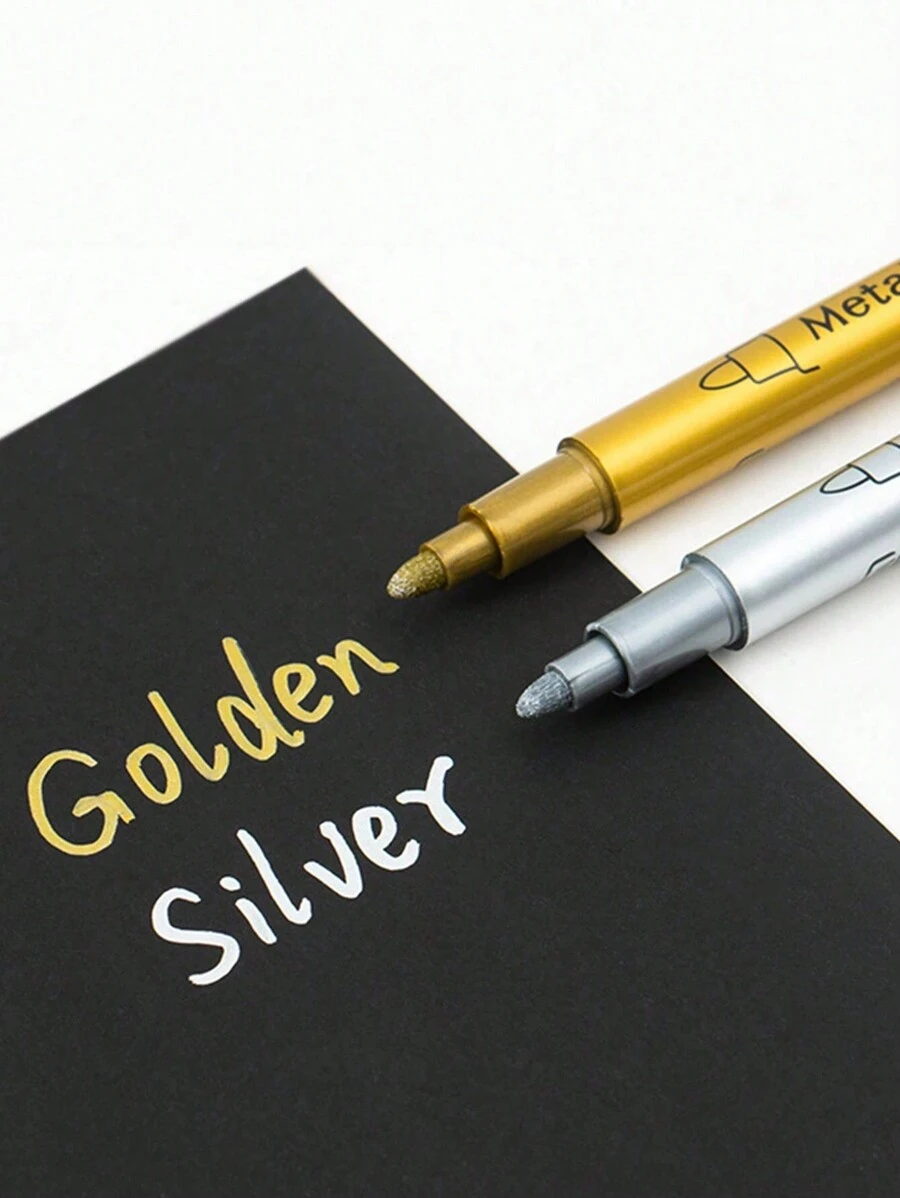 SHEIN 2pcs Gold & Silver Metal Paint Pens For Diy Drawing On Black Card/Doodling/Craft/Scrapbooking/Sign-Making, Pens, Markers, Acrylic Markers, Acrylic Pens Back To School,Pens