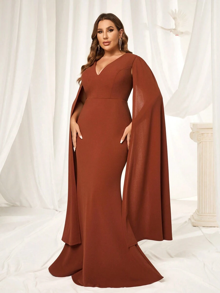 SHEIN Belle Plus Size Elegant Simple Caramel Stretch Fabric Deep V Neck Shawl Long Sleeve Fishtail Type Formal Dresses Bridesmaid Dresses