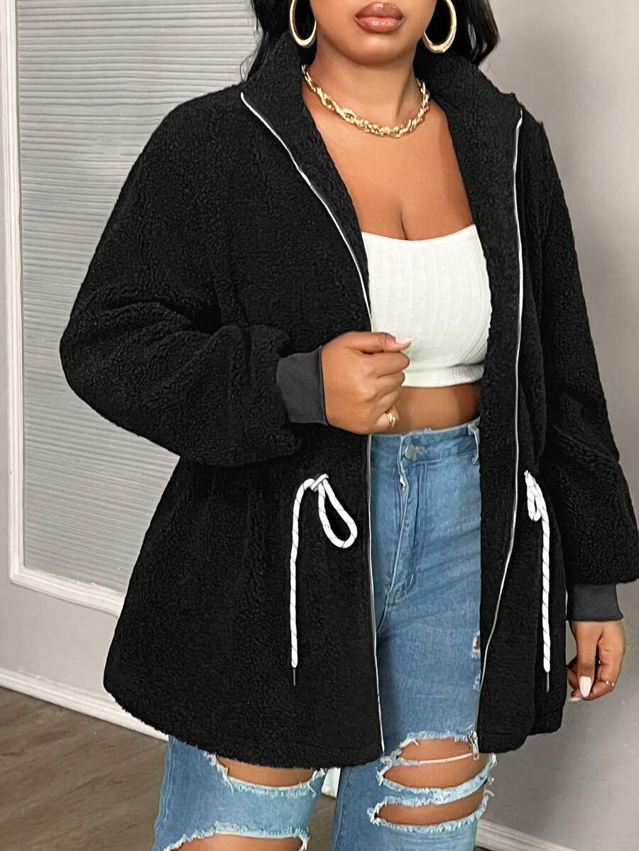 Slaydiva Plus Size Casual Plush Coat, All Matching Solid Color Stand Up Collar For Daily Life-D