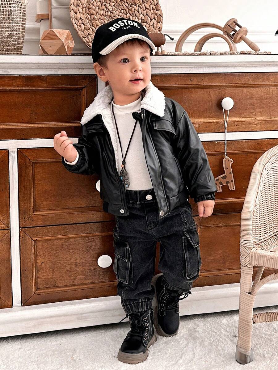 Baby Boy's Stylish Winter Jacket - Fashionable Black Faux Leather Outer With Thermal Lined, Long Sleeve Lapel Collar Open-Front Winter Coat, Cool Black, Streetwear Style