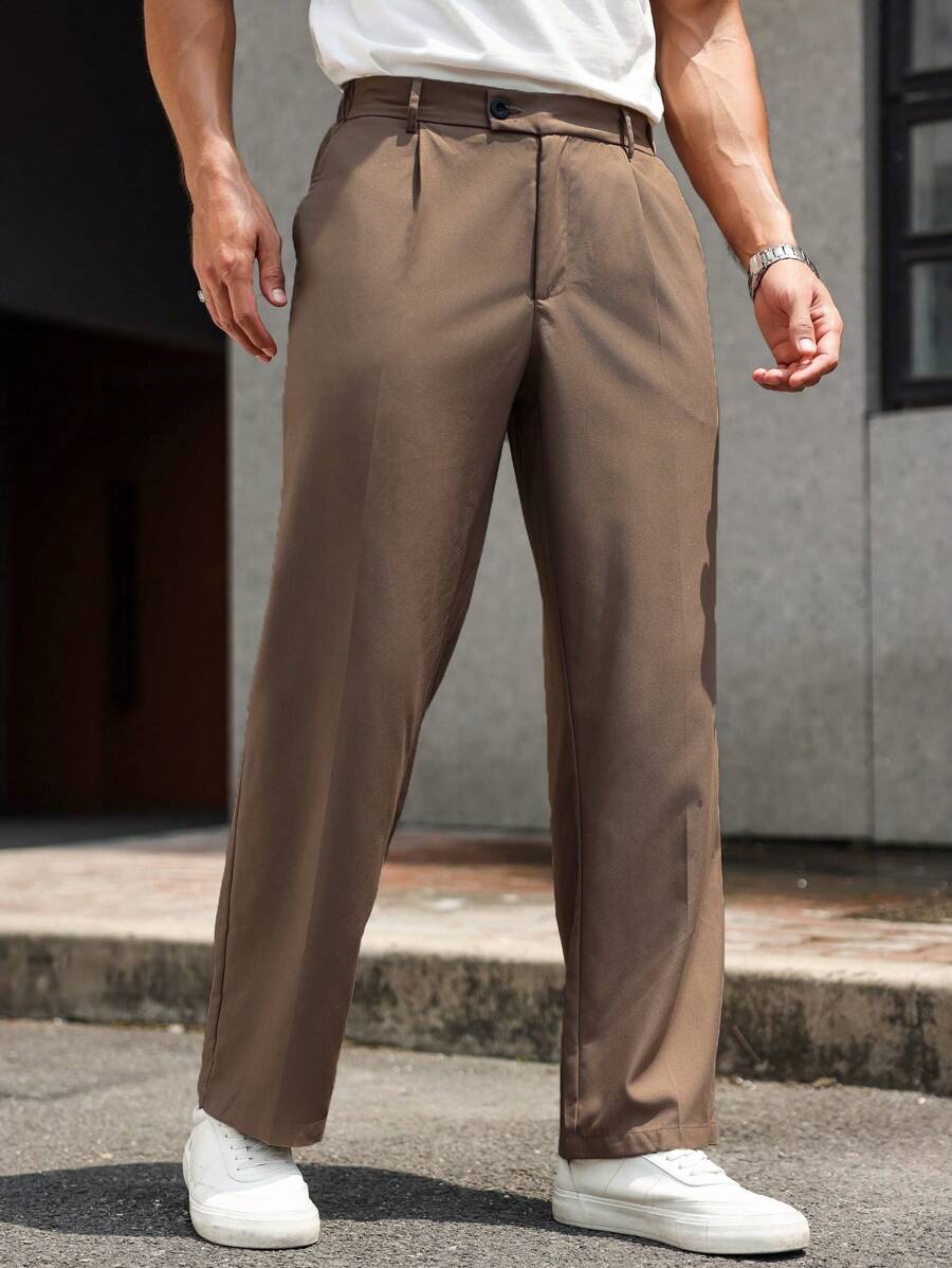 Manfinity Bizformal Men's Solid Color Pleated Pocket Straight-Leg Casual/Work Pants