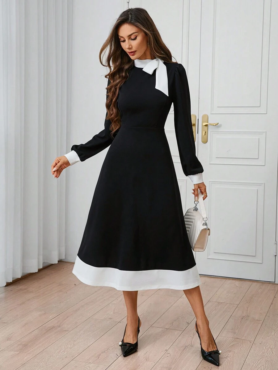 SHEIN Clasi Women's Urban Elegance Daytime Social Black&White Contrasting Collar Tie Waist A-Line Dress