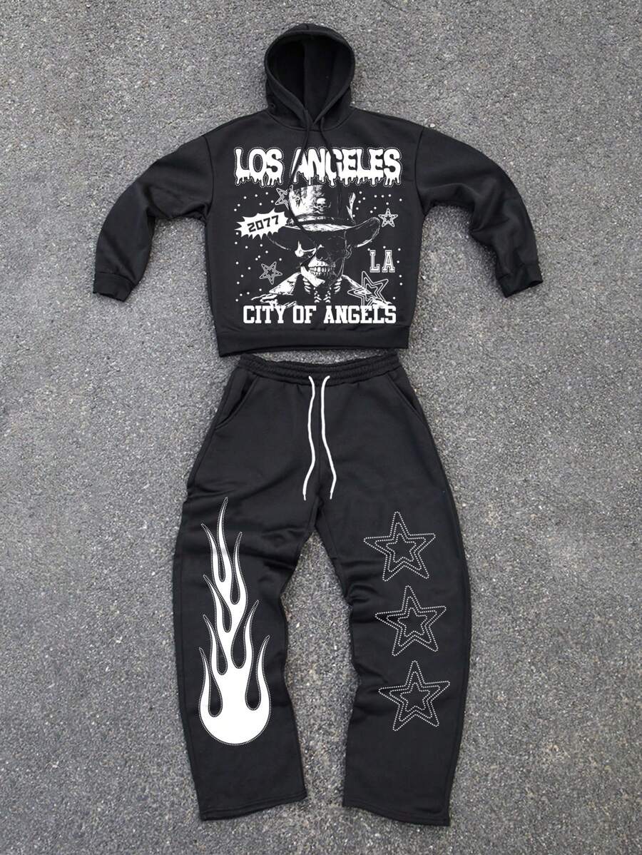Manfinity LEGND Conjunto de sudadera con capucha y pantalón de chándal con estampado de calavera y letras para hombres de talla grande