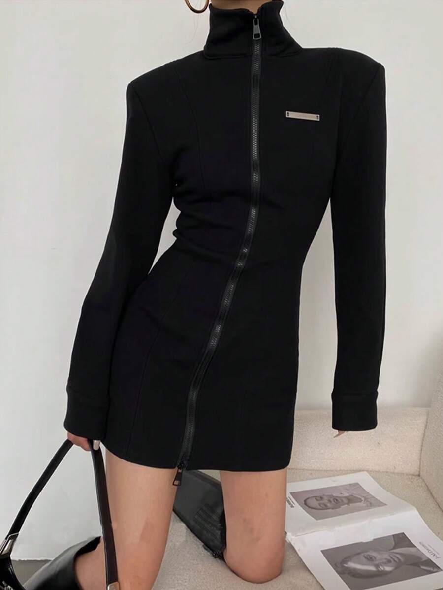 DAZY Women's Front Zip Long Sleeve Minimalist Short Casual Dress