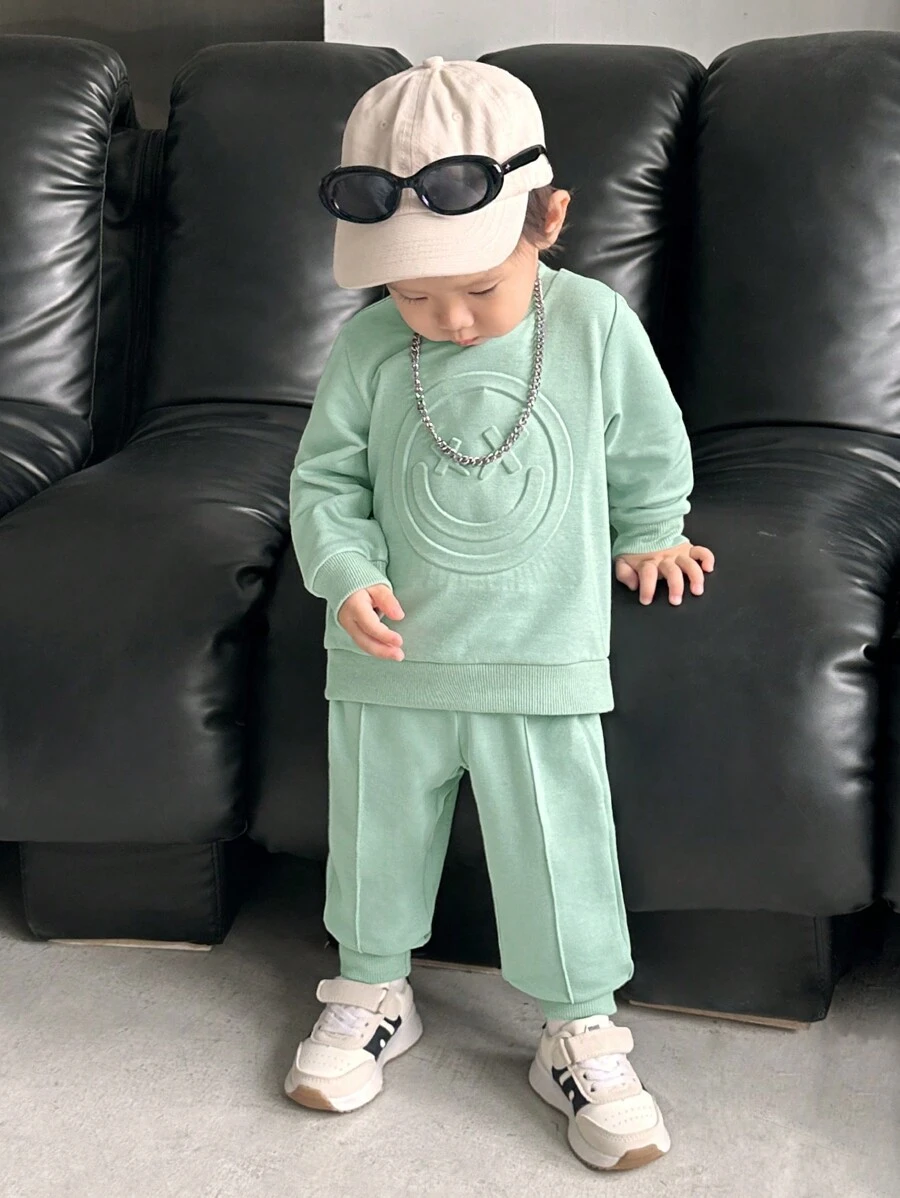 SHEIN Infant Boys 3D Embossed Smiling Face Long Sleeve Sweatshirt And Pants Set, Mint Green, Warm Casual Comfortable Outfit For Fall/Winter