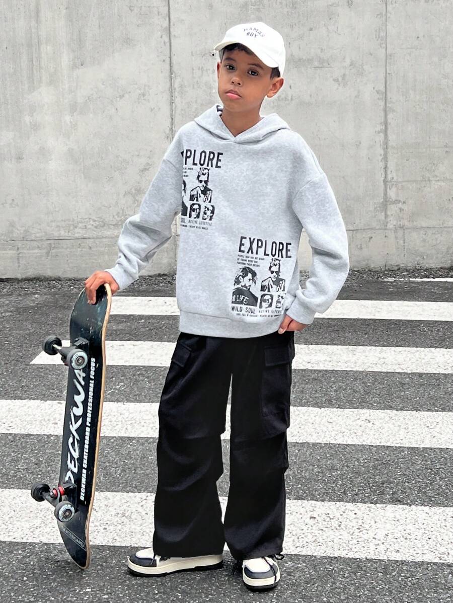 Conjunto de 2 piezas de Ropa de moda urbana para niños preadolescentes: sudadera con capucha con gráfico retrato y pantalón cargo de corte suelto, adecuado para ir y venir, la escuela, uso diario casual, deportes, otoño e invierno