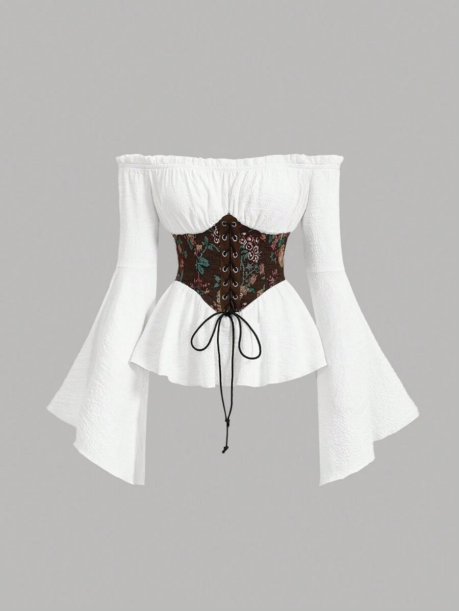 SHEIN MOD Bluzka damska z odkrytymi ramionami i rozszerzanymi rękawami, biała koszula w stylu vintage, sukienka czarownicy, kostiumy wampirów