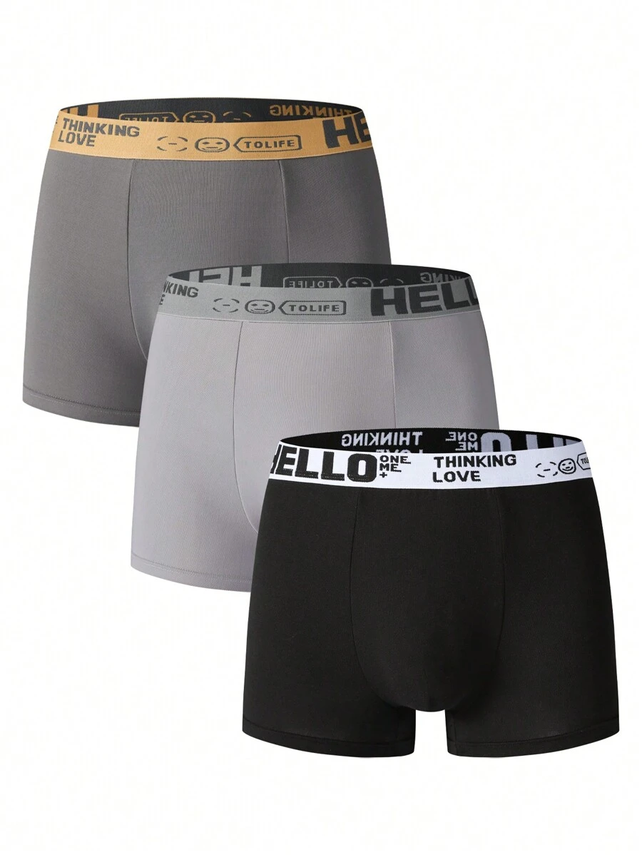 3 piezas/paquete Bóxer bóxer casuales de hombre con parches de unicolor e impresión de letra