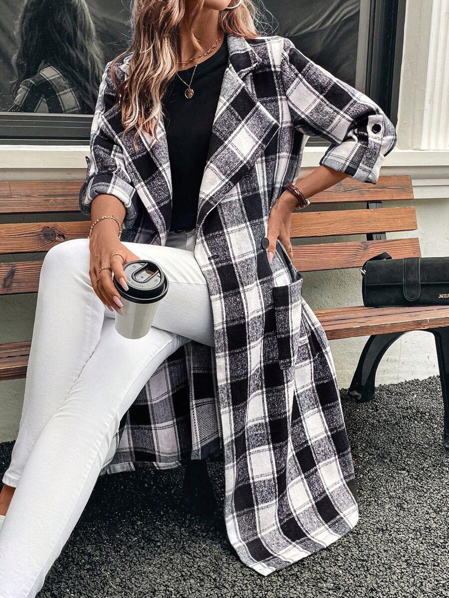 SHEIN LUNE Chaqueta larga de manga larga con puño para mujeres, a cuadros blanco y negro de 2024