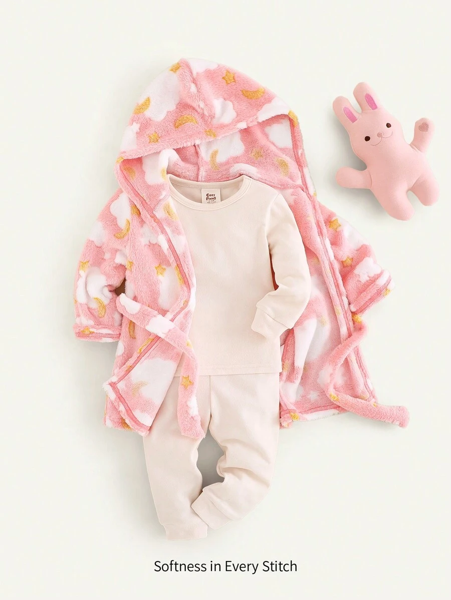 Cozy Pixies Thickened Hooded Pajama Cardigan Robe With Star, Moon & Cloud Pattern For Baby Girl