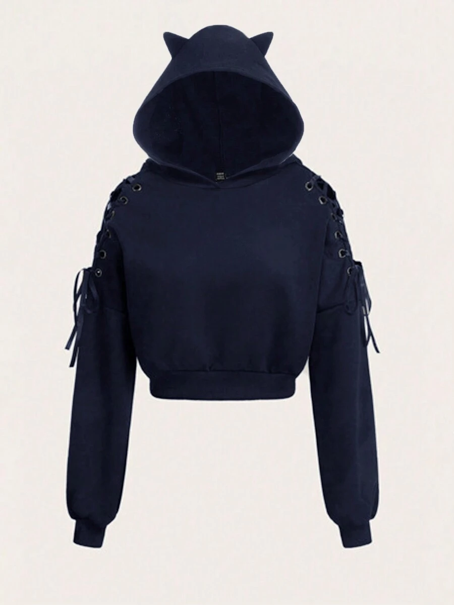 SHEIN EZwear Navy Blue Knit Women Hoodie With Side Eyelet And Ear Decor, Autumn Winter