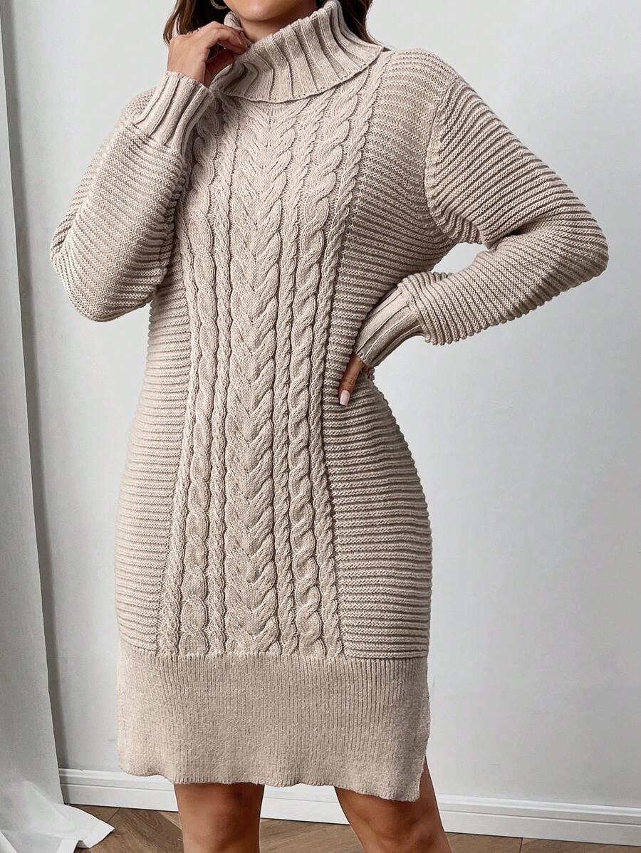 EMERY ROSE Women's Cable Knit Turtleneck Long Sleeve Sweater Dress