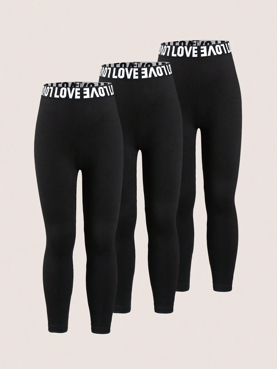 3pcs/Set Young Girl Graphic Belt Waist Comfortable Sport Leggings, Black