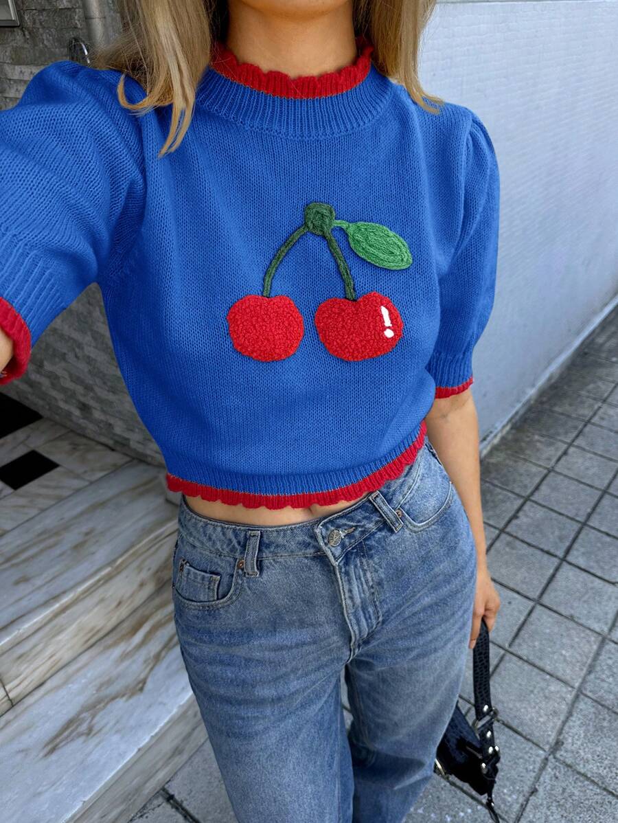 Forever 21 Jesień i zima Kobiety Żółty i czerwony dzianinowy wiśniowy graficzny/Halloween/Boże Narodzenie/Golf/Uroczy/Stroje panieńskie/Vintage/Podstawowe/Okrągły dekolt/Powrót do szkoły/Powrót do domu/Kontrast kolorów/Swobodny/Krótkie rękawy/Podstawowy/Rękawy bufiaste/Sweter