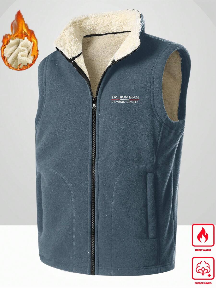 Manfinity Homme Men's Autumn And Winter Sleeveless Fleece Vest Embroidered Black Cardigan Jacket Warm Bottoming Top