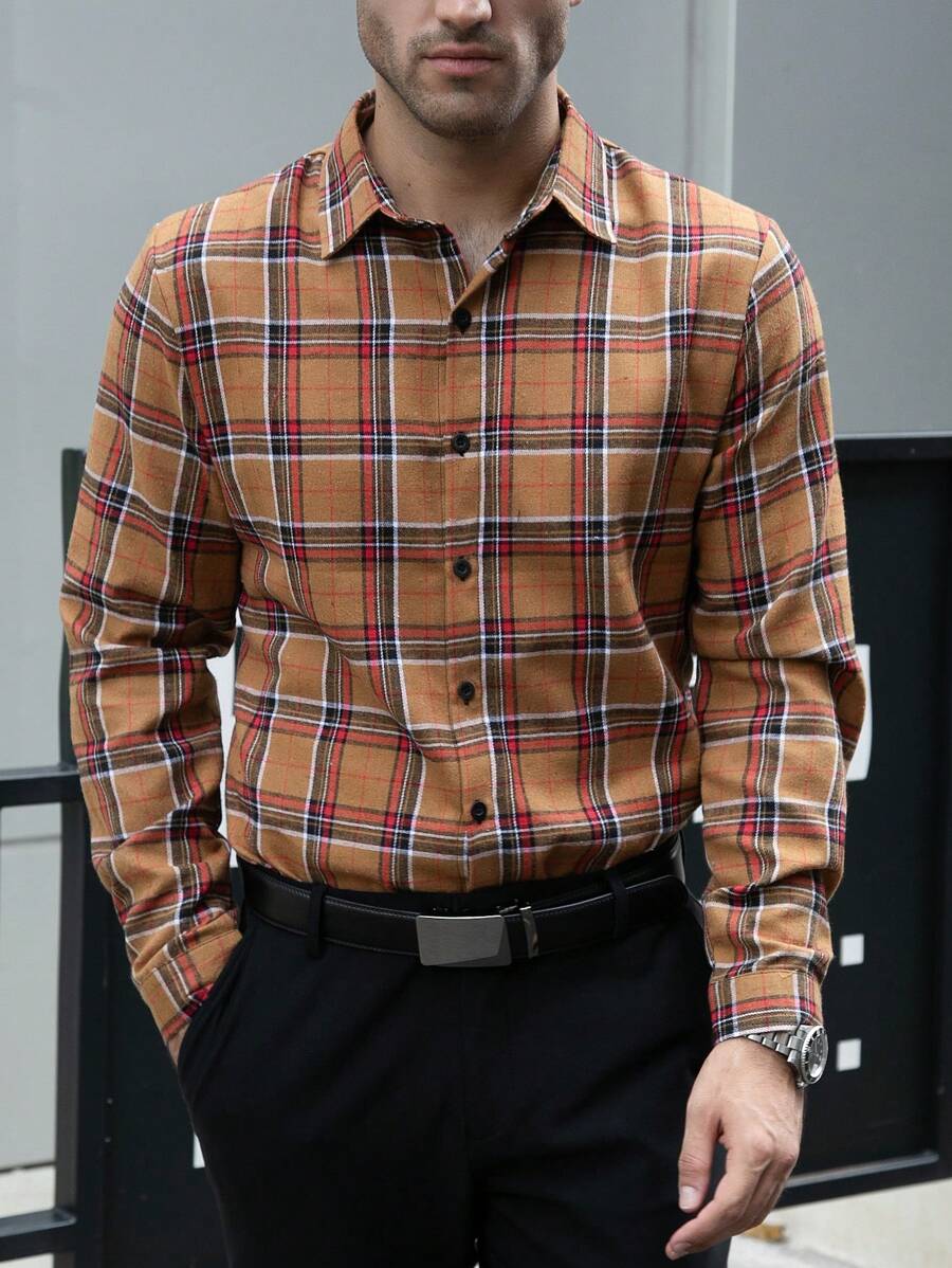 Manfinity Mode Chemise à manches longues pour hommes avec boutons et imprimé à carreaux, chemise à manches longues, vêtements d'automne pour hommes, chemise à carreaux, vêtements de Noël