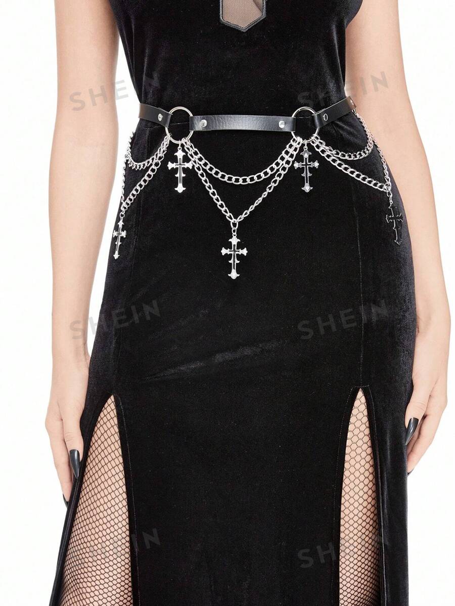 ROMWE Goth 1 pieza Cinturón negro de estilo gótico con cruz y doble cadena para vestidos de mujer
