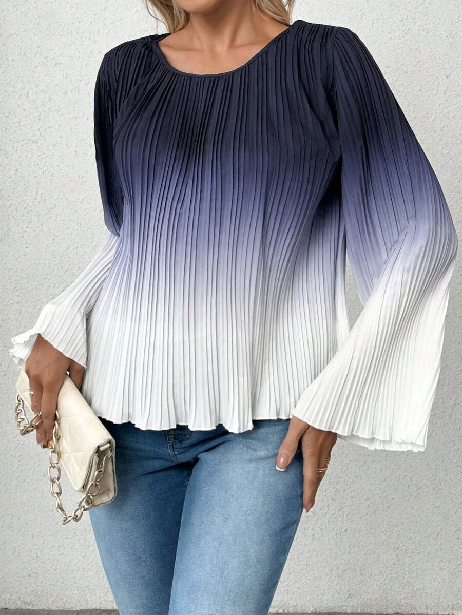 Allurite Women's Elegant Ombre Pleated Flare Sleeve Blouse, Spring Autumn