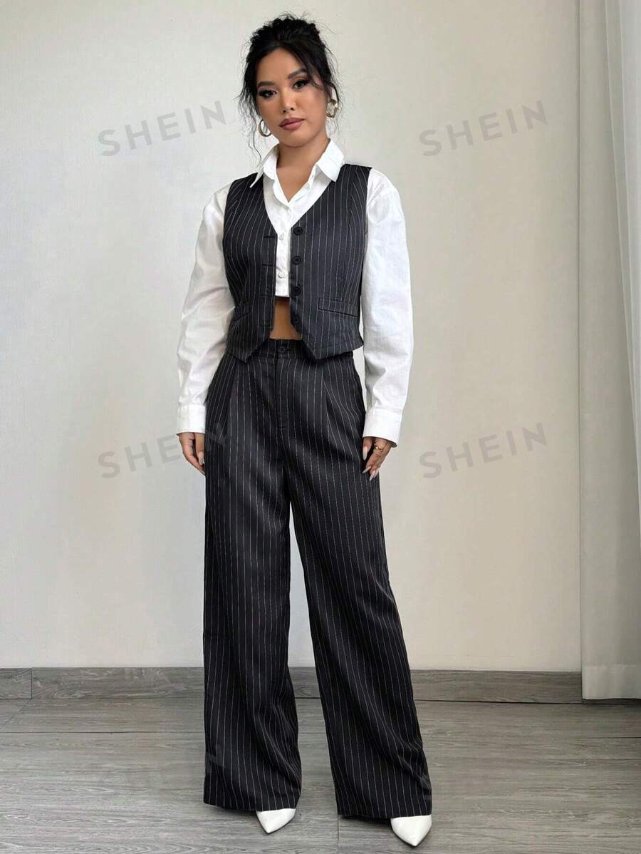 Elenzga Conjunto de blazer de rayas casual y pantalones de traje para mujer