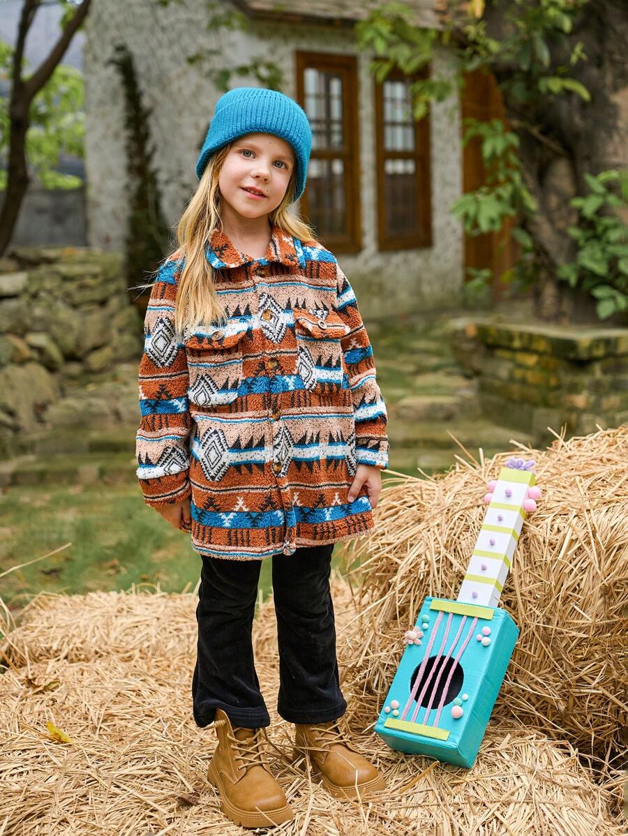 SHEIN Young Girl Retro Pattern Fleece Long Sleeve Cardigan Jacket With Pockets, Brown, Winter