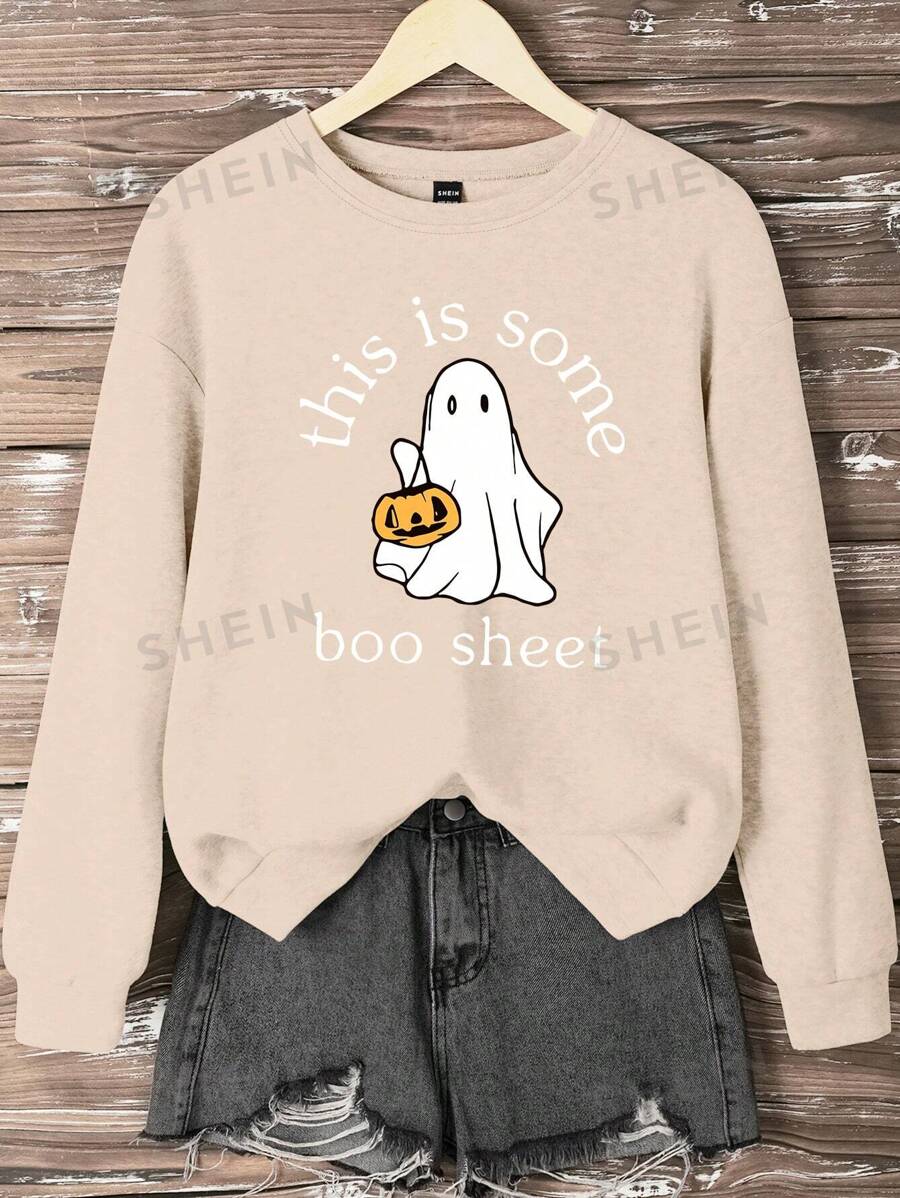 INAWLY Sudadera holgada casual de cuello redondo estampada con fantasma sosteniendo una calabaza, edición de Halloween, talla grande para otoño y primavera