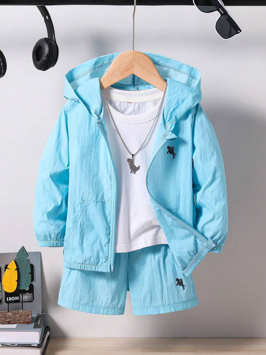 2 piezas Conjunto deportivo casual minimalista con capucha y shorts para niño joven, adecuado para uso diario, escuela, deportes, primavera/verano/otoño