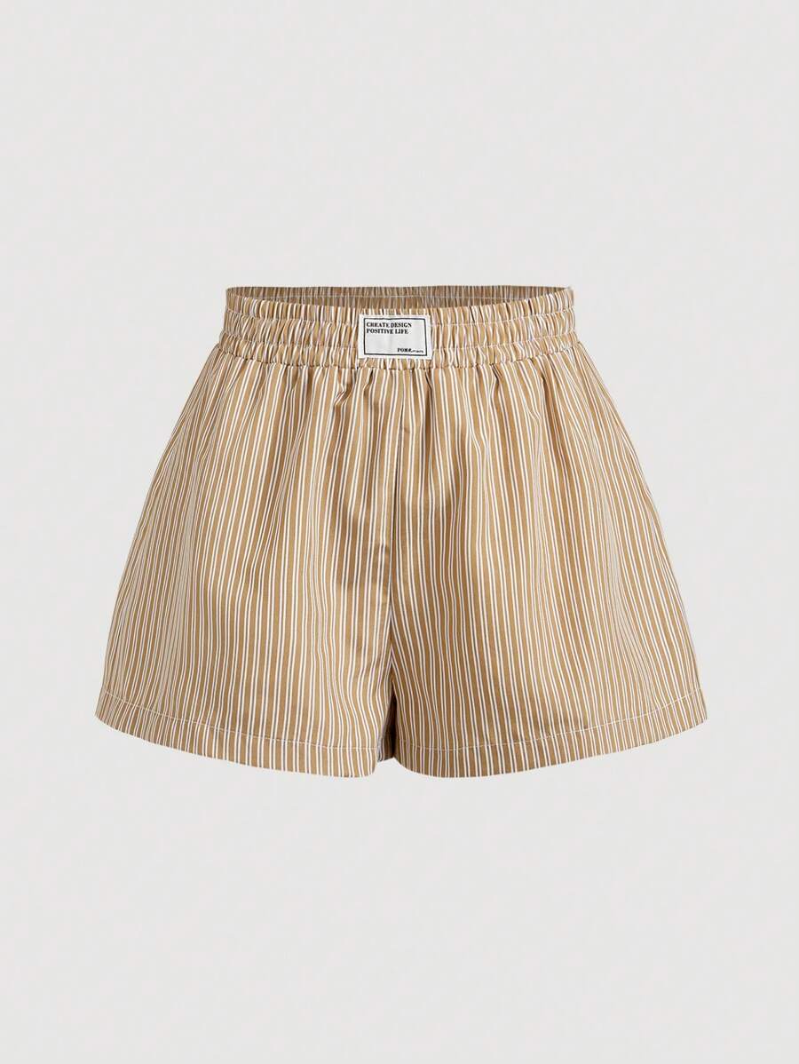SHEIN X ELOISA & ORSON SHEIN MOD Pantalones cortos de verano casuales para mujer con cintura elástica, impresión de letras y rayas