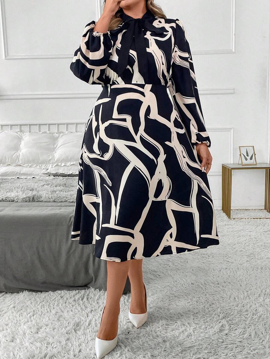 SHEIN Clasi Abito casual con stampa floreale casuale, scollo a V e cordoncino, adatto alle taglie forti, per primavera e autunno
