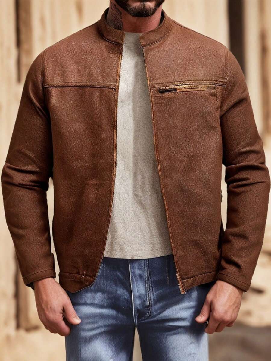 Manfinity Homme Chaqueta de motociclista ajustada de denim marrón oscuro para hombres