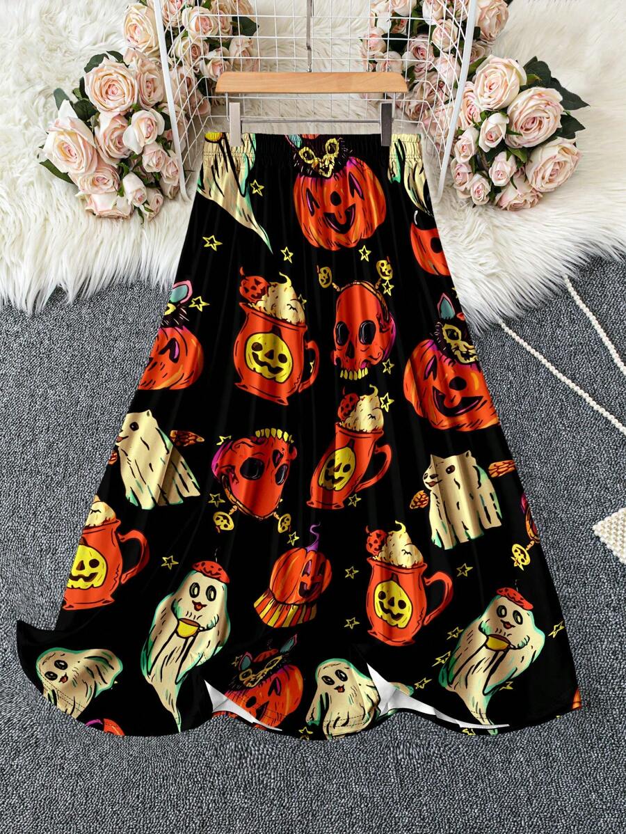 SHEIN LUNE Spódnica z nadrukiem wróżki na Halloween w dużym rozmiarze z elastyczną talią