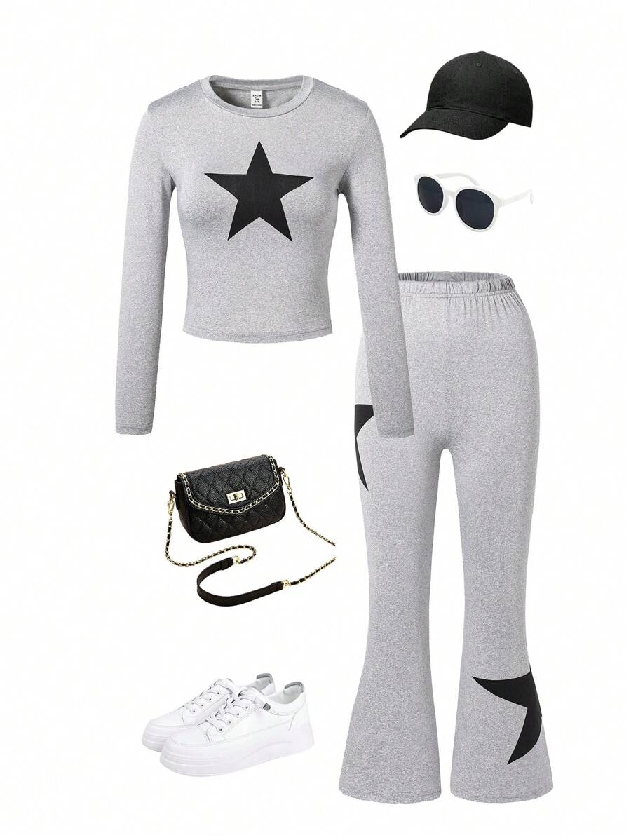 Conjunto de Duas Peças com Manga Longa e Calça Longa Estampado de Estrelas para Adolescentes Femininas