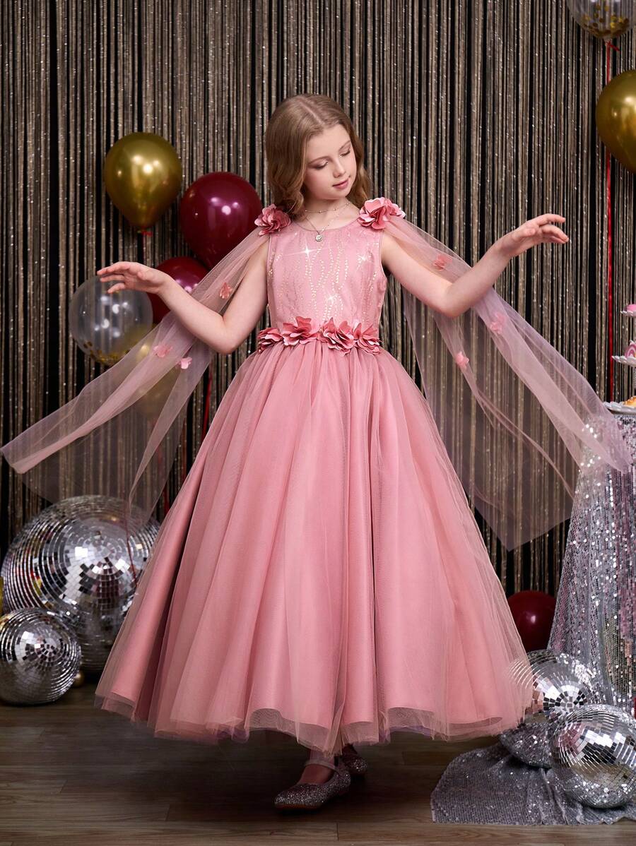SHEIN 2024 New Design Tween Girl Princess Dress, Child Flower Girl Wedding Gown, Tween Girl Formal Occasion Puffy Tulle Ball Gown, Suitable For Halloween, Christmas, Easter And Other Holidays