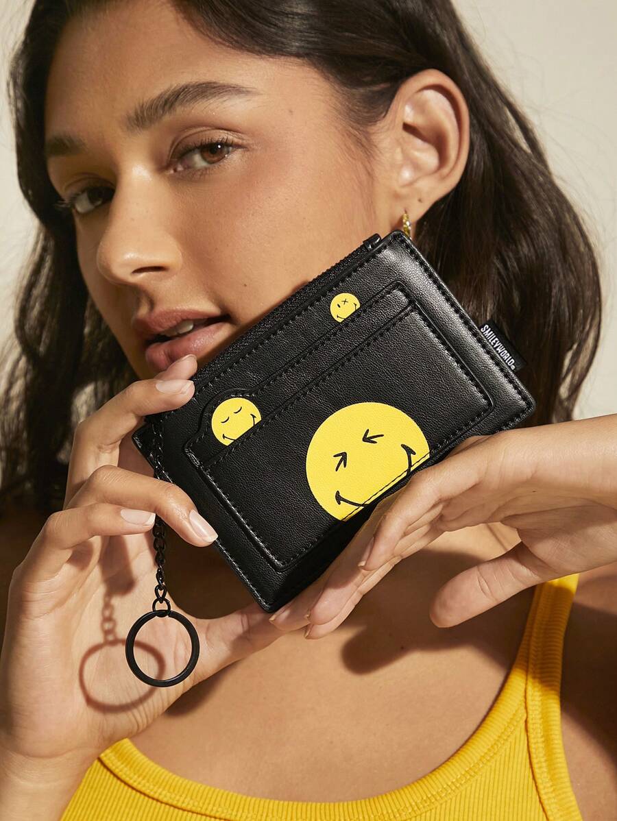 SmileyWorld® | SHEIN Funny Cartoon Expression Pattern Black Zipper Card Holder