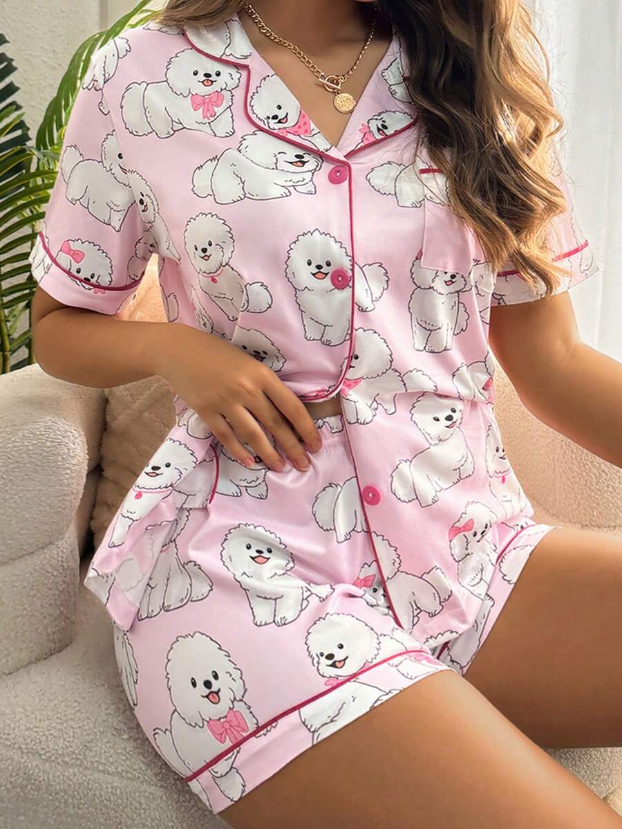 SweetSlumber 2 piezas Conjunto de pijama casual con collar lindo de cachorro para mujer