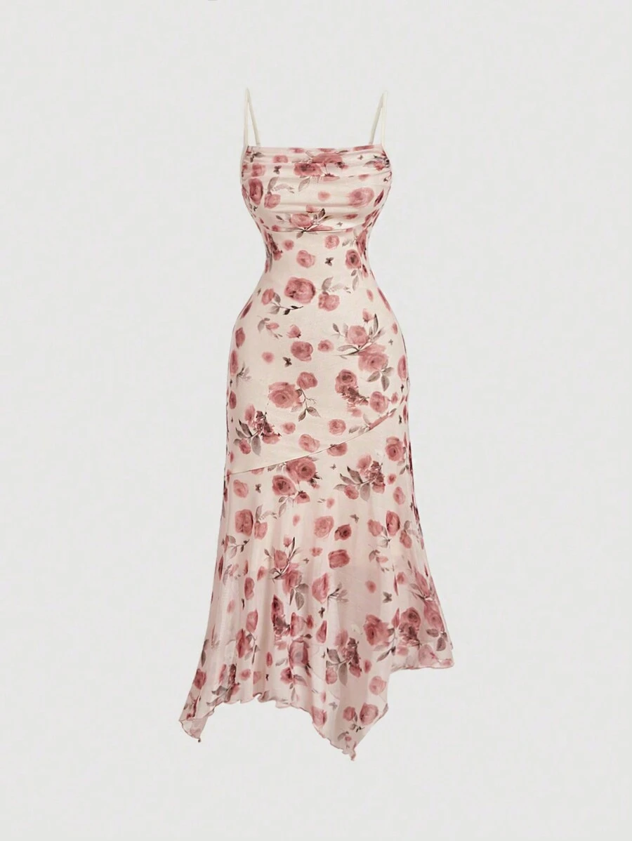 SHEIN MOD Women's Floral Print Pleated Front Waist Asymmetrical Hem Camisole Dress,Elegant Women Dresses,Homecoming Dresses,Asymmetrical Dress,Bridesmaid Dress,Brunch Women Outfit, Festival Dress,Wedding Dress Guest