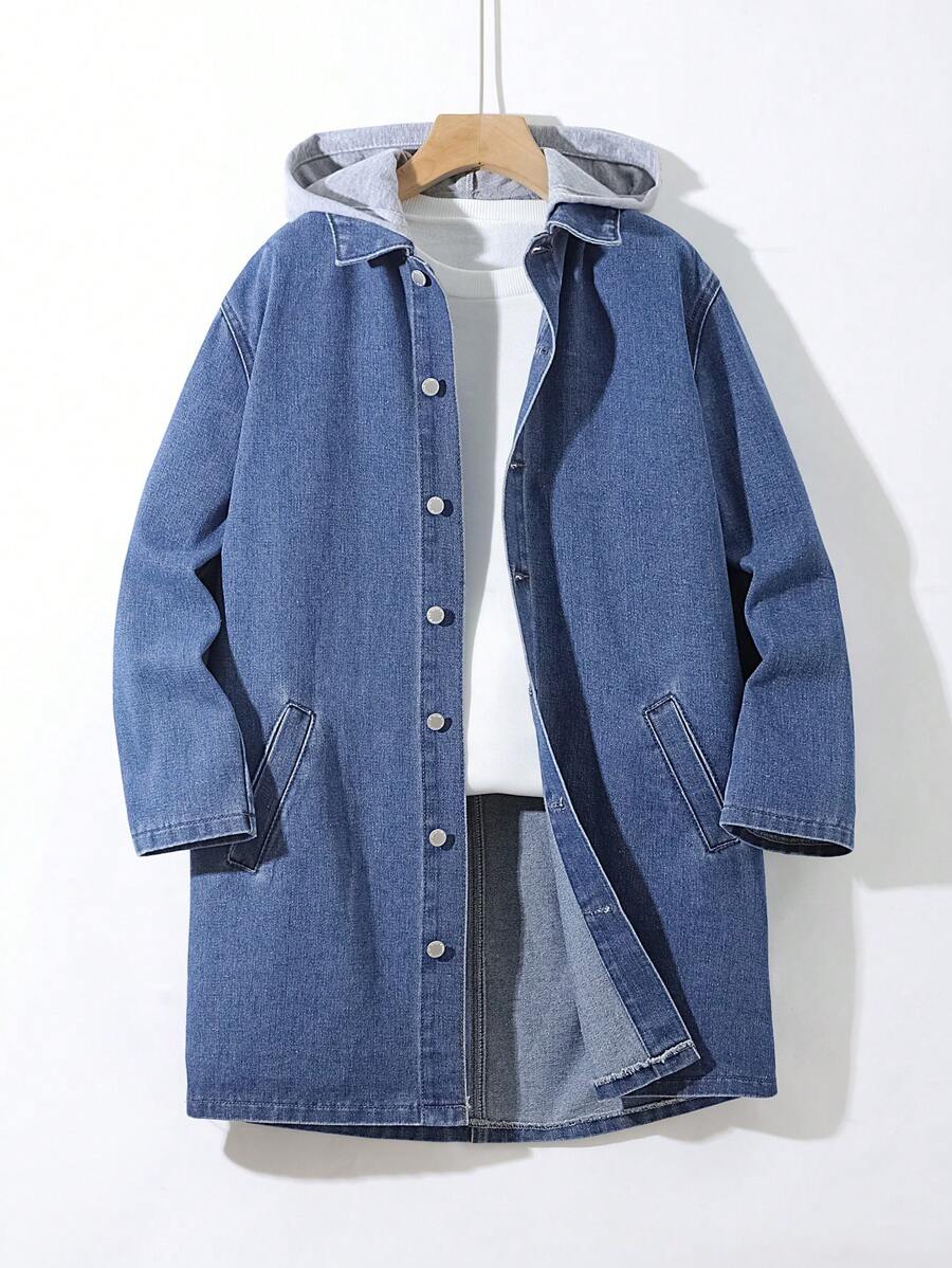 SHEIN Jaqueta jeans azul de comprimento médio para meninos adolescentes, roupas casuais cinza de malha com capuz e patchwork, para meninos adolescentes, roupas de outono e inverno