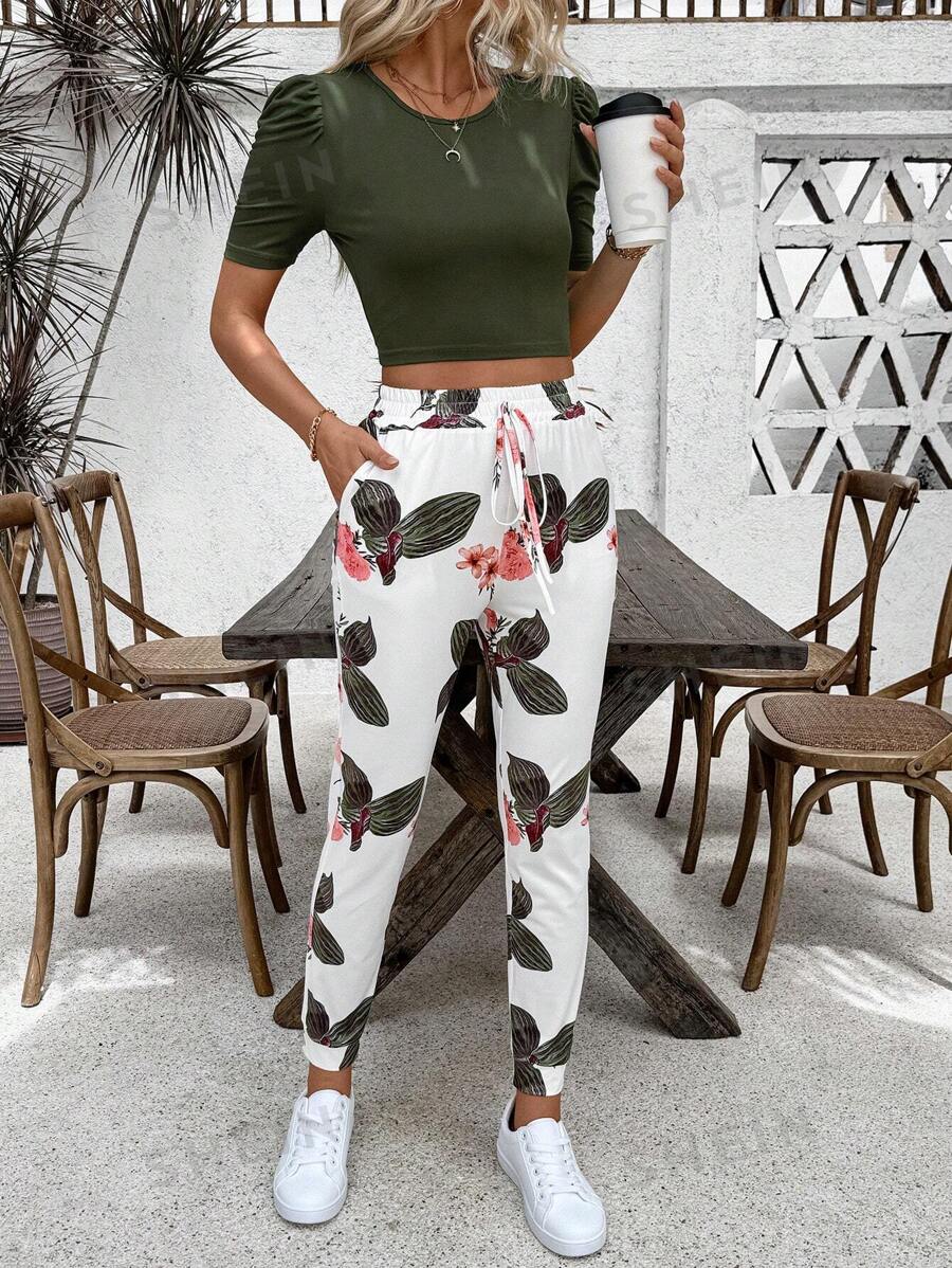 SHEIN Unity Conjunto casual de verano para mujer compuesto por blusa con mangas cortas abullonadas y cuello redondo y pantalón estampado de plantas de unicolor