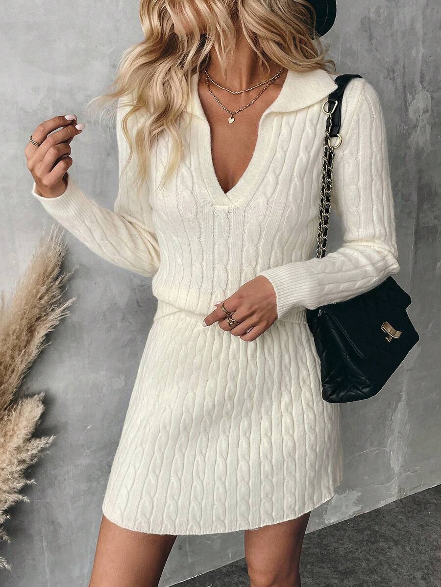 Chiquease 2pcs/Set Women Casual Solid Color V-Neck Cable Knit Sweater