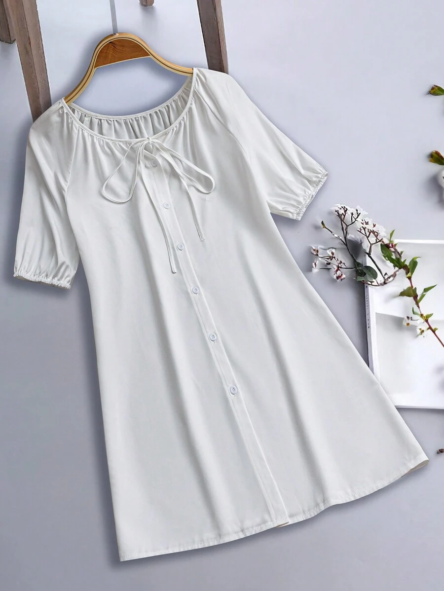 Chiquease Women's Button Front Tie Collar Short Sleeve Blouse, Summer