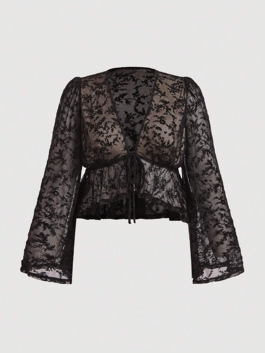 SHEIN MOD Plus Size Women's Mesh Flocked Bowknot Flare Sleeve Front Tie Blouse