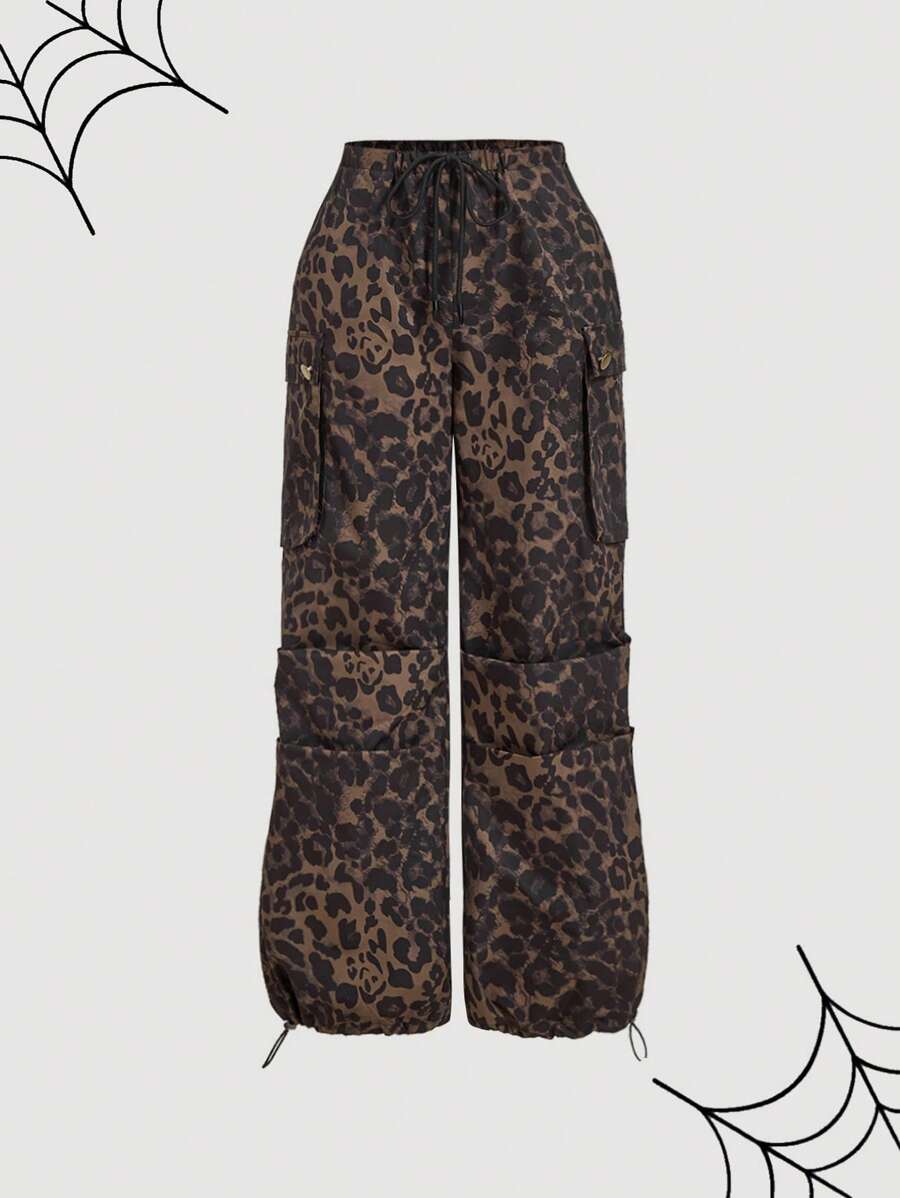 SHEIN MOD Pantalón cargo con estampado de leopardo, pantalón casual recto para mujeres