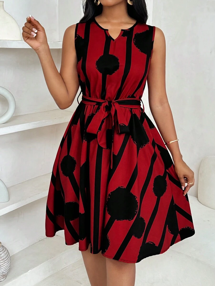 SHEIN Women's Elegant Geometric Print Tie Waist Short Dress